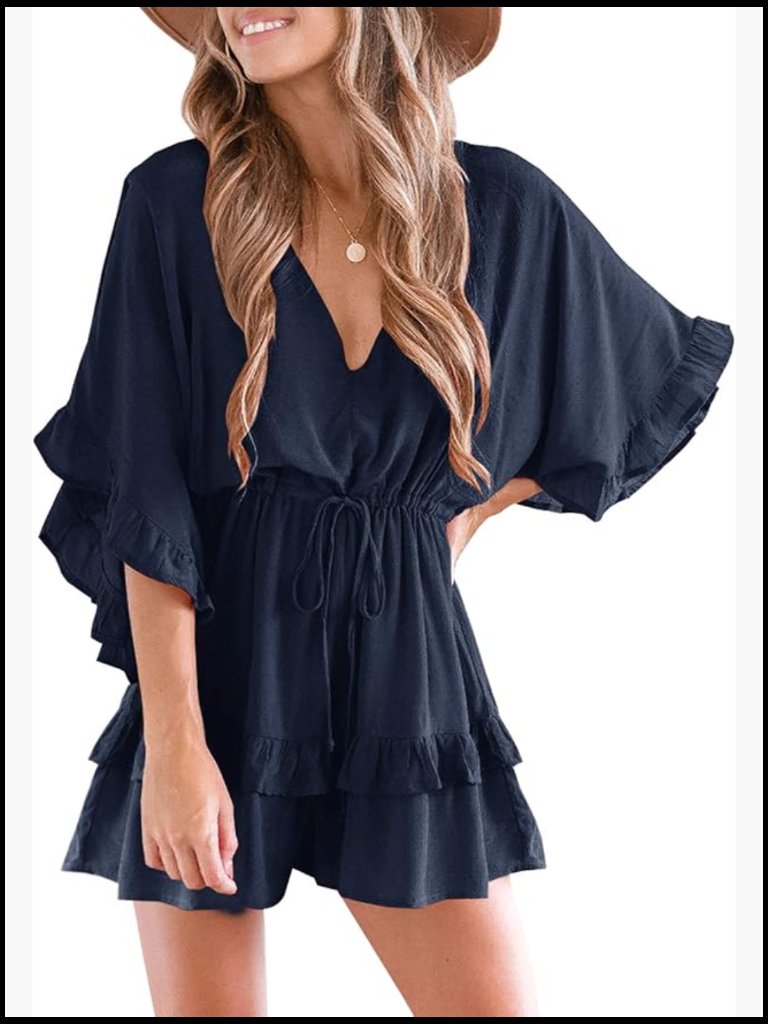 V-Neck Beach Romper With Ruffle Layered Drawstring Waist